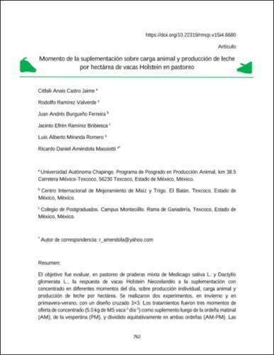 Momento de la suplementación sobre carga animal y producción de leche por hectárea de vacas Holstein en pastoreo