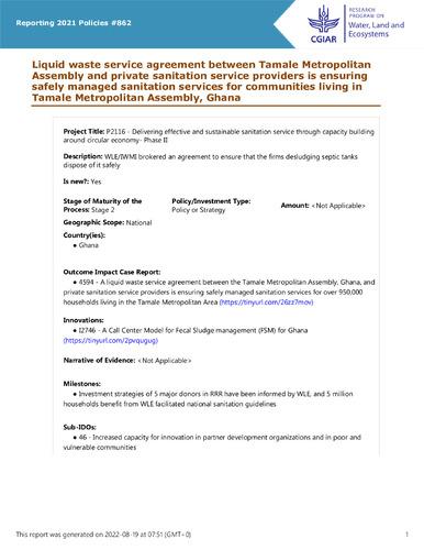 Liquid waste service agreement between Tamale Metropolitan Assembly and private sanitation service providers is ensuring safely managed sanitation services for communities living in Tamale Metropolitan Assembly, Ghana