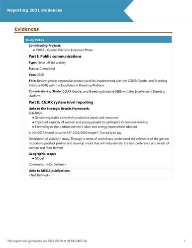Review gender responsive product profiles implemented with the CGIAR Gender and Breeding Initiative (GBI) with the Excellence in Breeding Platform