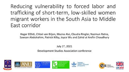 Reducing vulnerability to forced labor and trafficking of short-term, low-skilled women migrant workers in the South Asia to Middle East corridor
