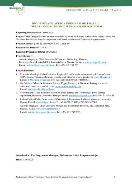 2020 First Semester Report - Orange-fleshed Sweetpotato (OFSP) puree for bakery applications in east Africa for nutrition, post-harvest loss management, and youth & women economic empowerment Project