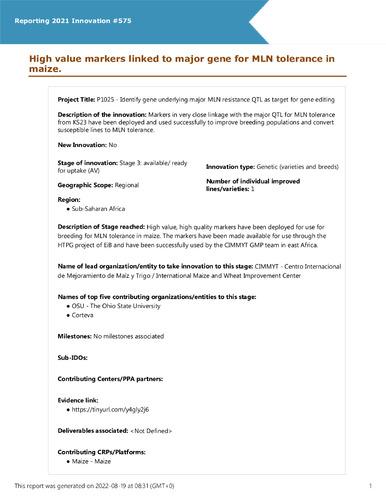 High value markers linked to major gene for MLN tolerance in maize.