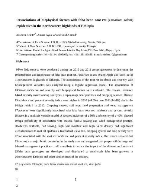 Associations of biophysical factors with faba bean root rot (Fusarium solani) epidemics in the northeastern highlands of Ethiopia