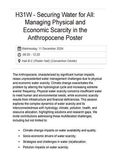 Securing water for all: managing physical and economic scarcity in the Anthropocene poster