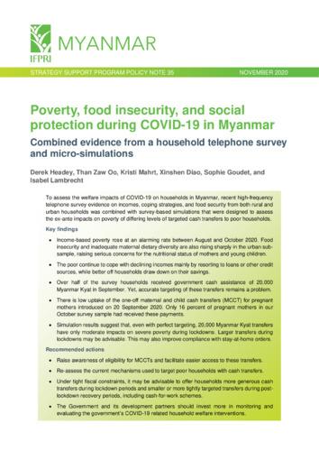 Poverty, food insecurity, and social protection during COVID-19 in Myanmar: Combined evidence from a household telephone survey and micro-simulations