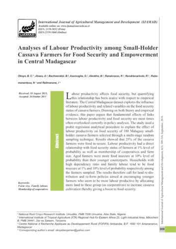 Analyses of labour productivity among small-holder cassava farmers for food security and empowerment in central Madagascar