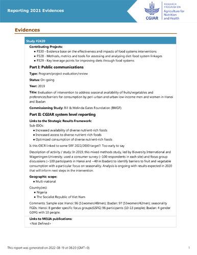 Evaluation of intervention to address seasonal availability of fruits/vegetables and preferences/barriers for consumption by peri-urban and urban low-income men and women in Hanoi and Ibadan