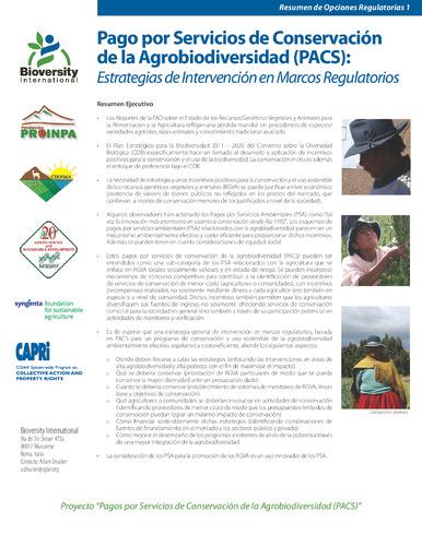 Resumen de opciones regulatorias 1: Pago por servicios de conservación de la agrobiodiversidad (PACS): estrategias de intervención en marcos regulatorios
