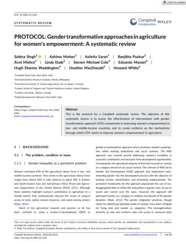 PROTOCOL: Gender transformative approaches in agriculture for women's empowerment: a systematic review
