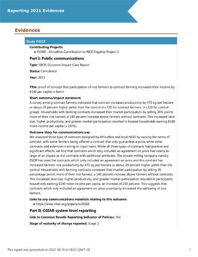 proof of concept that participation of rice farmers to contract farming increased their income by $140 per capita in Benin