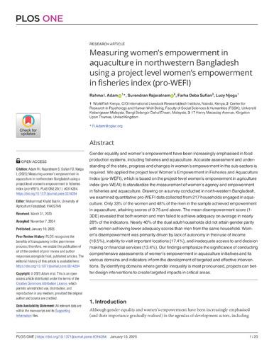 Measuring women’s empowerment in aquaculture in northwestern Bangladesh using a project level women’s empowerment in fisheries index (pro-WEFI)