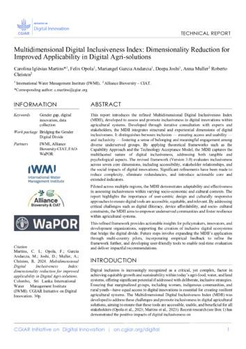 Multidimensional Digital Inclusiveness Index: dimensionality reduction for improved applicability in Digital Agri-solutions