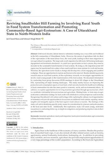 Reviving smallholder hill farming by involving rural youth in food system transformation and promoting community-based agri-ecotourism: A case of Uttarakhand State in North-Western India