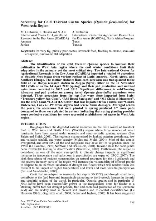 Screening for Cold Tolerant Cactus Species (Opuntia ficus-indica) for West Asia Region