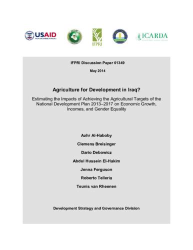 Agriculture for development in Iraq? Estimating the impacts of achieving the agricultural targets of the national development plan 2013–2017 on economic growth, incomes, and gender equality