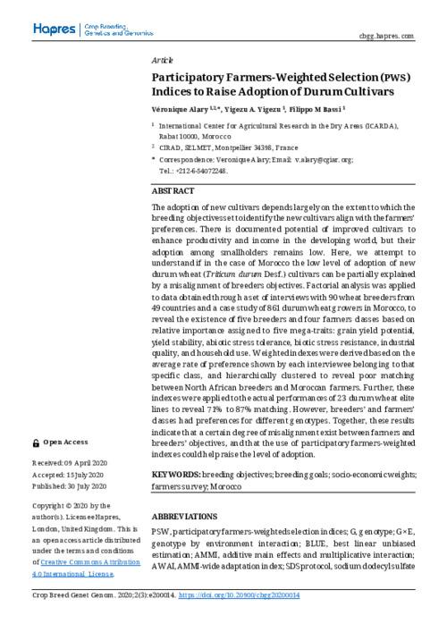 Participatory Farmers-Weighted Selection (PWS) Indices to Raise Adoption of Durum Cultivars