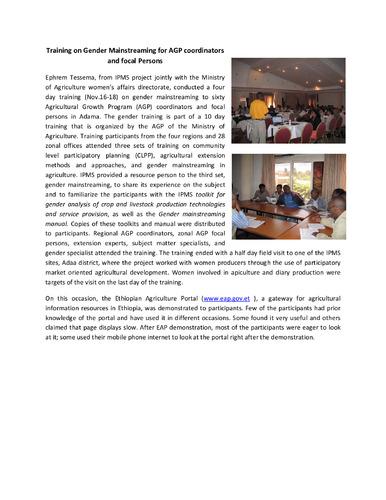 Ethiopian Agriculture Portal (EAP) update in Adama: Training on gender mainstreaming for AGP coordinators and focal Persons, Adama, 16‐18 November 2011