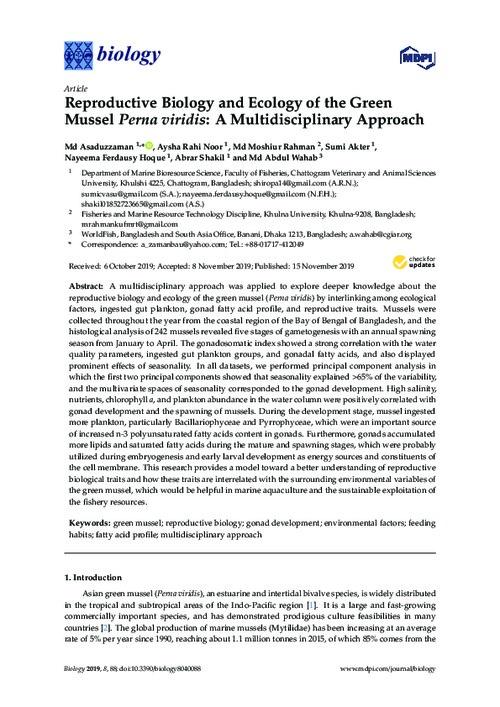 Reproductive biology and ecology of the green mussel Perna viridis: A multidisciplinary approach