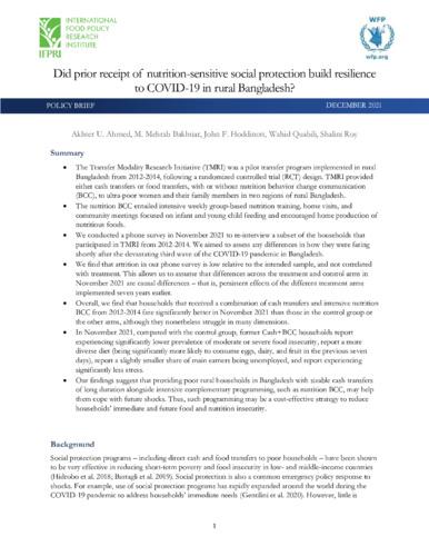 Did prior receipt of nutrition-sensitive social protection build resilience to COVID-19 in rural Bangladesh?