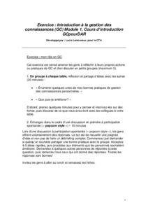 Introduction à la gestion des connaissances (GC) : Cours Introduction à la Gestion des Connaissances pour Développement Agricole et Rural (GCpourDAR) - Module 1