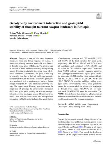 Genotype by environment interaction and grain yield stability of drought tolerant cowpea landraces in Ethiopia