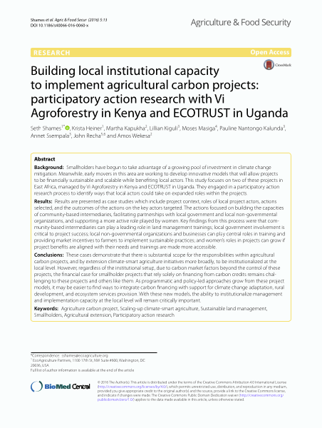 Building local institutional capacity to implement agricultural carbon projects: participatory action research with Vi Agroforestry in Kenya and ECOTRUST in Uganda