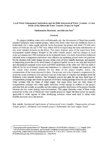 Local water management institutions and the bulk intersectoral water transfer: a case study of the Melamchi Water Transfer Project in Nepal