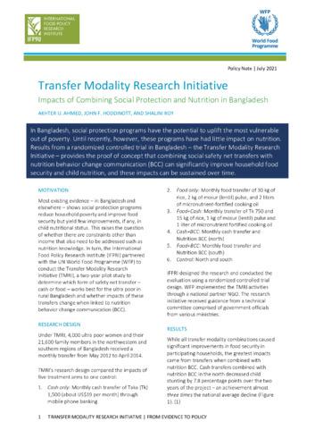 Transfer Modality Research Initiative: Impacts of combining social protection and nutrition in Bangladesh