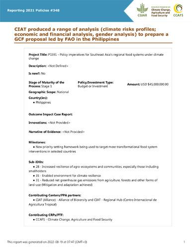 CIAT produced a range of analysis (climate risks profiles; economic and financial analysis, gender analysis) to prepare a GCF proposal led by FAO in the Philippines