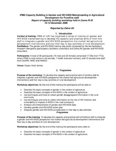 Report of the IPMS capacity building workshop on gender and HIV/AIDS mainstreaming in agricultural development for frontline staff, Goma PLW, 10-14 December 2008