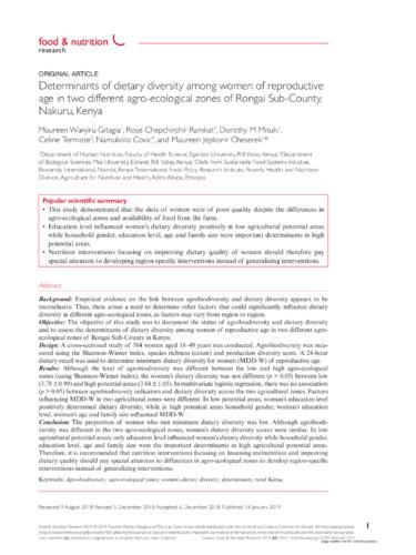 Determinants of dietary diversity among women of reproductive age in two different agro-ecological zones of Rongai Sub-County, Nakuru, Kenya