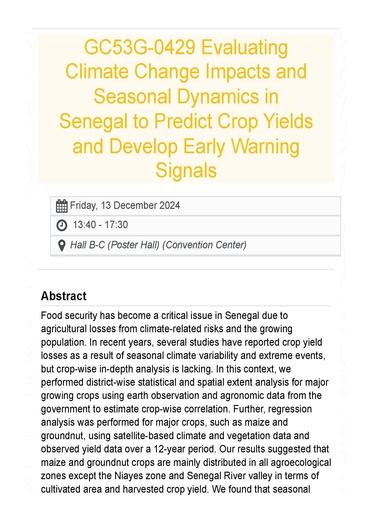 Evaluating climate change impacts and seasonal dynamics in Senegal to predict crop yields and develop early warning signals