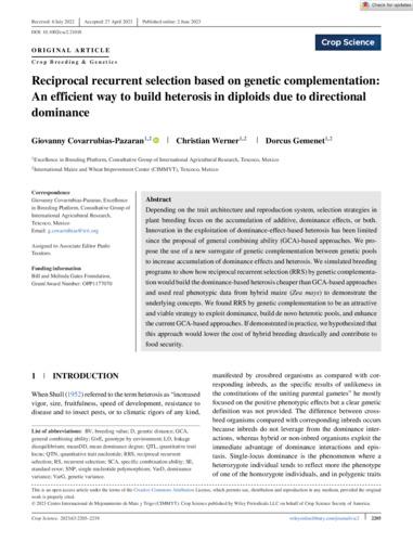 Reciprocal recurrent selection based on genetic complementation: An efficient way to build heterosis in diploids due to directional dominance