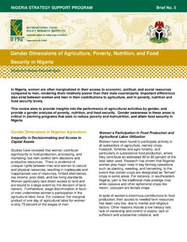 Gender dimensions of agriculture, poverty, nutrition, and food security in Nigeria