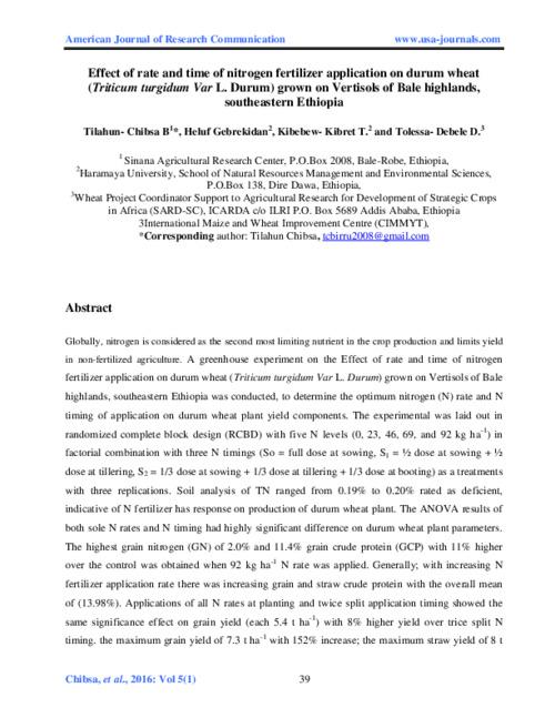 Effect of rate and time of nitrogen fertilizer application on durum wheat (Triticum turgidum L. var. durum) grown on vertisols of Bale highlands, southeastern Ethiopia