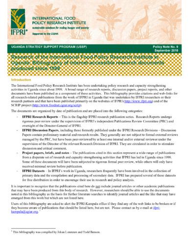 Research of the International Food Policy Research Institute in Uganda: Bibliography of internet-accessible research documents produced since 1998