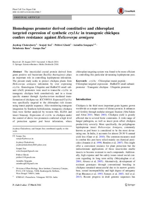 Homologous promoter derived constitutive and chloroplast targeted expression of synthetic cry1Ac in transgenic chickpea confers resistance against Helicoverpa armigera