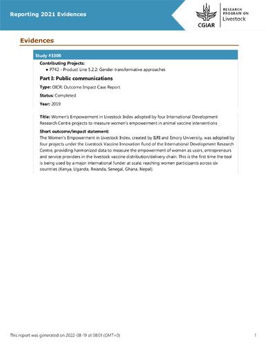 Women’s Empowerment in Livestock Index adopted by four International Development Research Centre projects to measure women’s empowerment in animal vaccine interventions