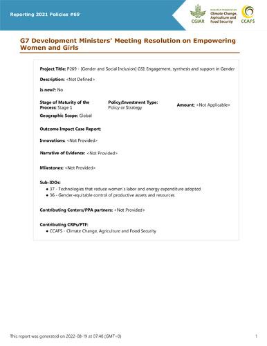 G7 Development Ministers' Meeting Resolution on Empowering Women and Girls