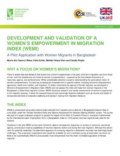 Development and validation of a Women’s Empowerment in Migration Index (WEMI): A Pilot Application with Women Migrants in Bangladesh