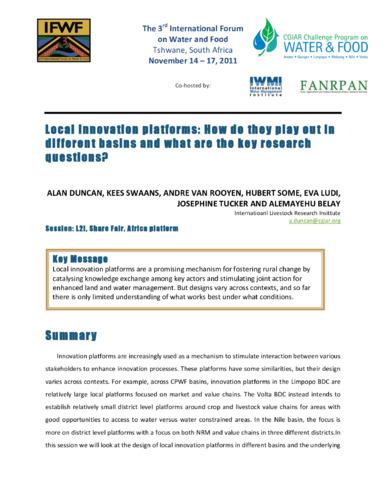 Local innovation platforms: How do they play out in different basins and what are the key research questions?