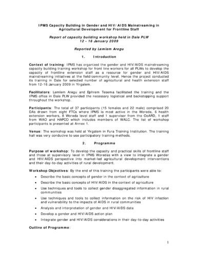 Report of the IPMS capacity building workshop on gender and HIV/AIDS mainstreaming in agricultural development for frontline staff, Dale PLW, 12-16 January 2009