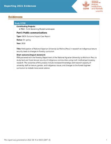 Participation of National Agrarian University La Molina (Peru) in research on indigenous tenure security leads to changes in forestry curriculum