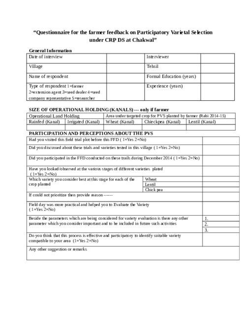 Questionnaire for the farmer feedback on Participatory Varietal Selection under CRP DS at Chakwal