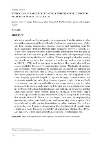 Women group-based pullet supply business development in selected Kebeles of Dale PLW