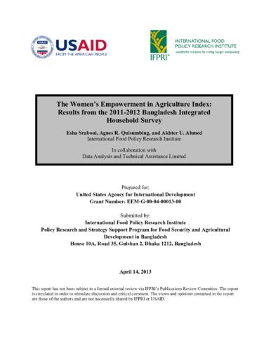 The Women’s Empowerment in Agriculture Index (WEAI): Results from the 2011-2012 Bangladesh Integrated Household Survey