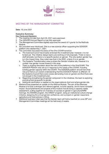 CGIAR GENDER Platform management committee meeting minutes, 18 June 2021