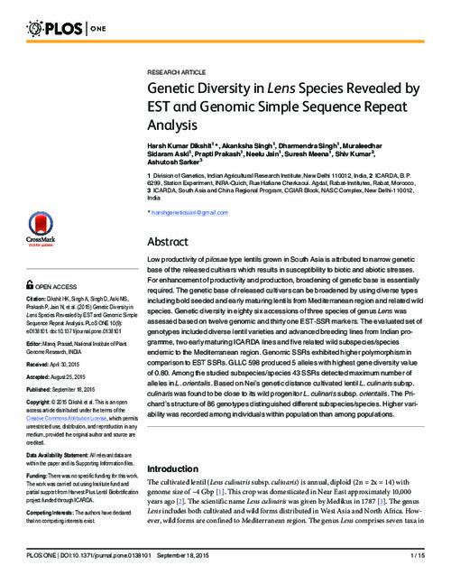 Genetic Diversity in Lens Species Revealed by EST and Genomic Simple Sequence Repeat Analysis