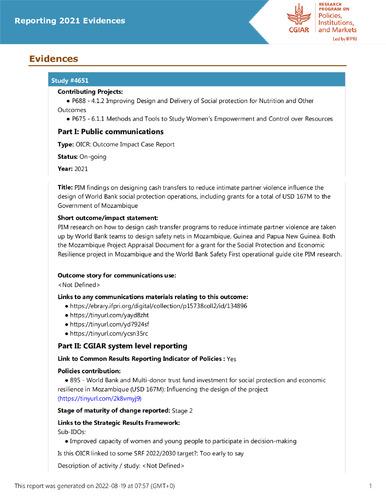 PIM findings on designing cash transfers to reduce intimate partner violence influence the design of World Bank social protection operations, including grants for a total of USD 167M to the Government of Mozambique