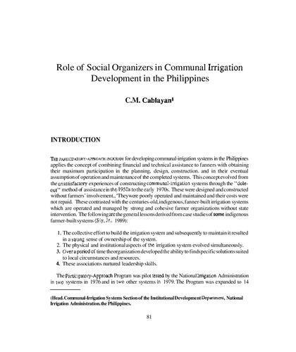 Role of social organizers in communal irrigation development in the Philippines